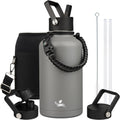 Half Gallon Insulated Water Bottle with Straw,64 oz 3 Lids Water Jug with Carrying Bag,Paracord Handle,Double Wall Vacuum Stainless Steel Metal Flask,Gray