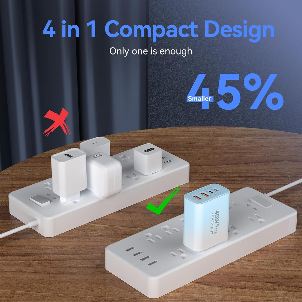 USB C Wall Fast Charger Block, 40W 4-Port Type C Chargers Fast Charging Blocks for Phone 17/16/15/14/13/12 Pro Max, Pad, Galaxy S24/23-2Pack Gradient Blue