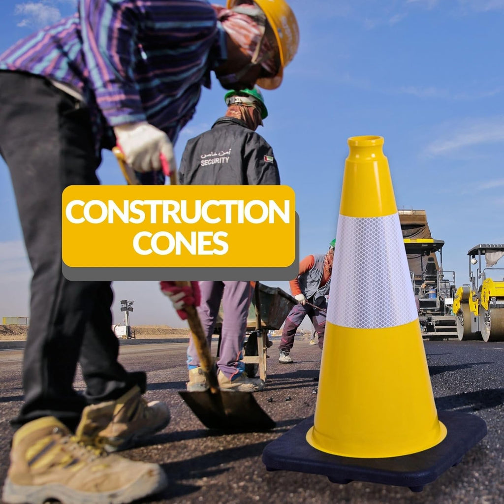 BESEA 4Pack 18 Inch Yellow Traffic Cones with 6 Inch Reflective Collar, Heavy Duty PVC Safety Cones with 10.5 x 10.5 Inch Base for Parking, Driving Practice, Sports Training, and Construction