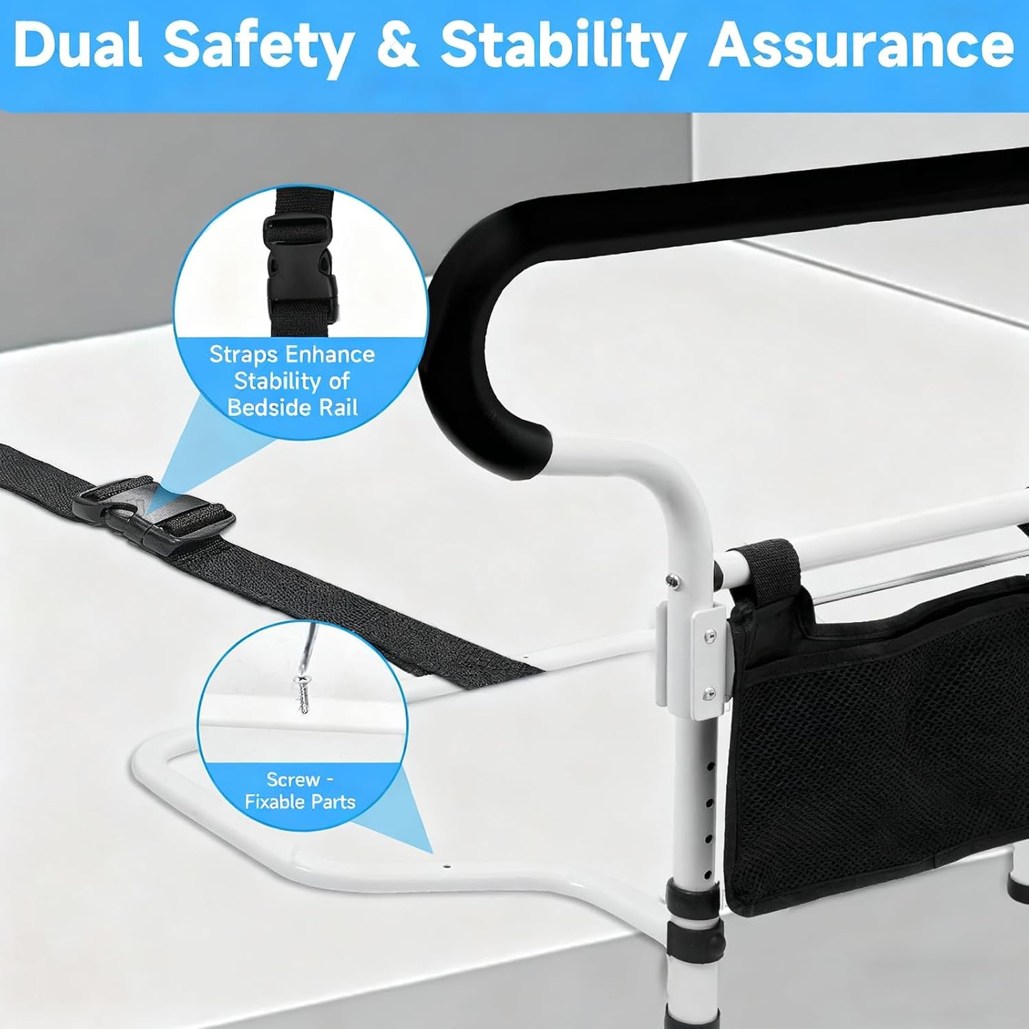 Bed Rails for Elderly Adults Safety-ASTM Approved Adjustable Bed Assist Rail for Seniors,with Storage Bag & Fixing Strap, Foldable Bed Assist Handle -Non-Slip Ergonomic Handle