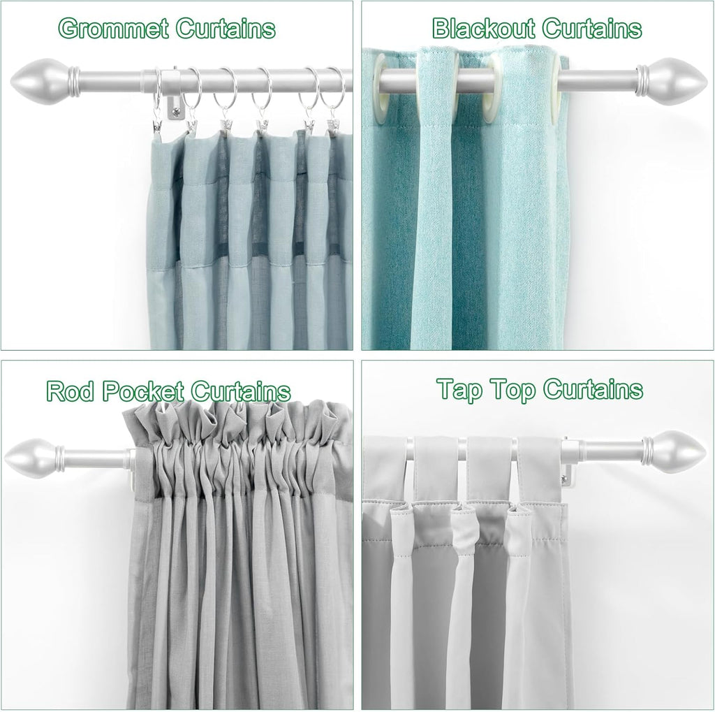 Curtain Rods for Windows 16 to 76 inches, Curtain Rod Max Adjustable Length to 88 in, Drapery Rod 1 inch Diameter with Modern Knobs Finials (Satin Silver, 16" to 76" - Set of 2)