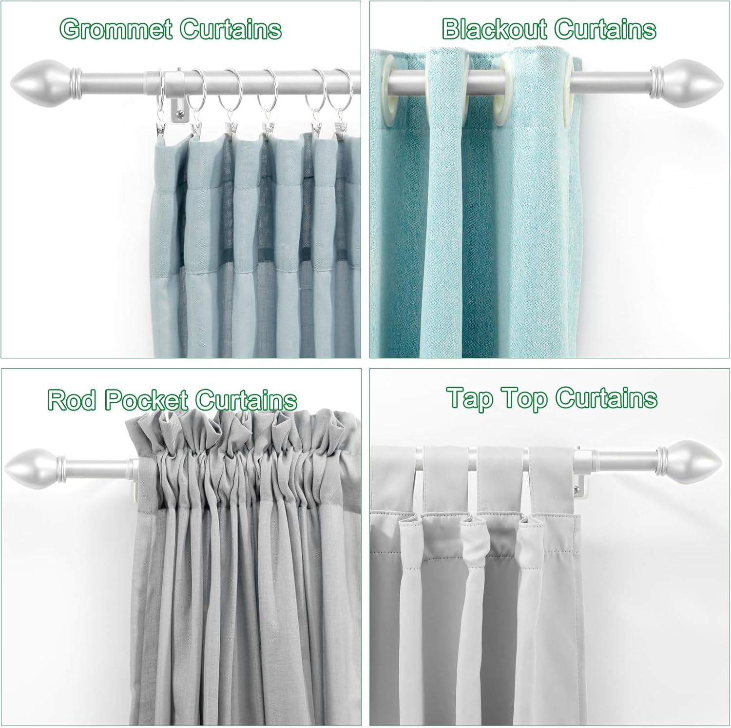Curtain Rods for Windows 16 to 76 inches, Curtain Rod Max Adjustable Length to 88 in, Drapery Rod 1 inch Diameter with Modern Knobs Finials (Satin Silver, 16" to 76" - Set of 2)