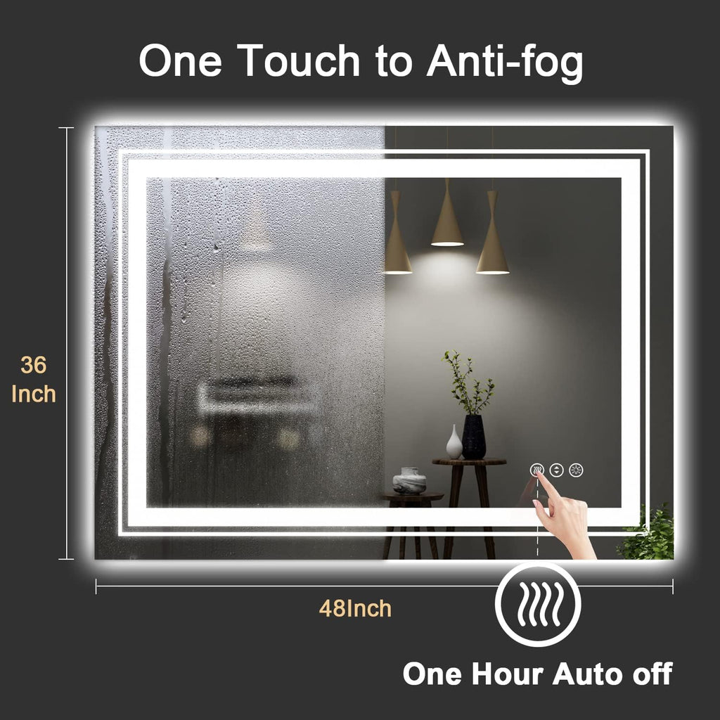 LED Bathroom Mirror, 48"X36" with Front and Backlit, Anti-Fog, Large Bathroom Vanity Mirror for Wall, Memory Function, Stepless Dimmable, Tempered Glass (Horizontal/Vertical)