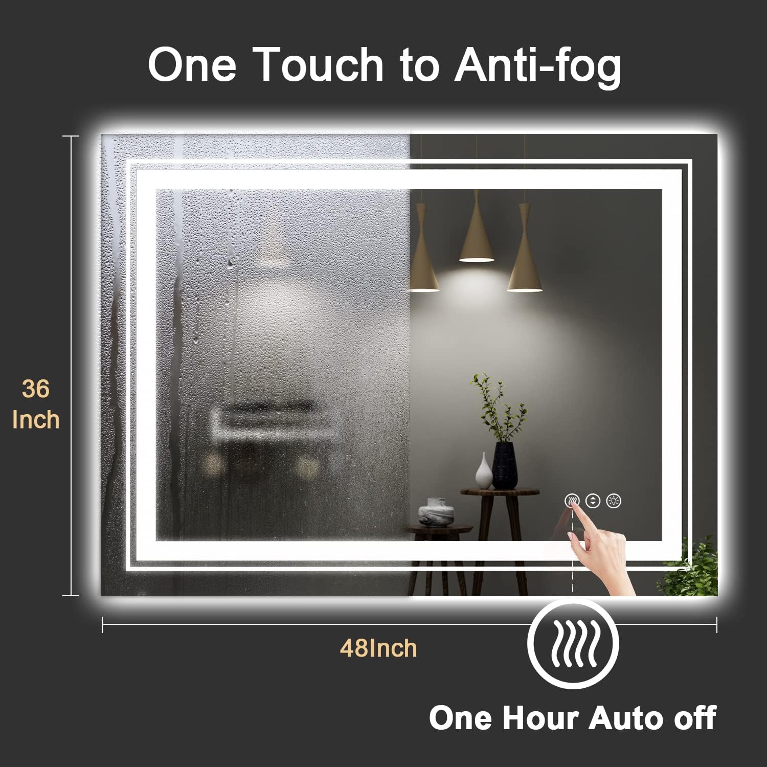 LED Bathroom Mirror, 48"X36" with Front and Backlit, Anti-Fog, Large Bathroom Vanity Mirror for Wall, Memory Function, Stepless Dimmable, Tempered Glass (Horizontal/Vertical)