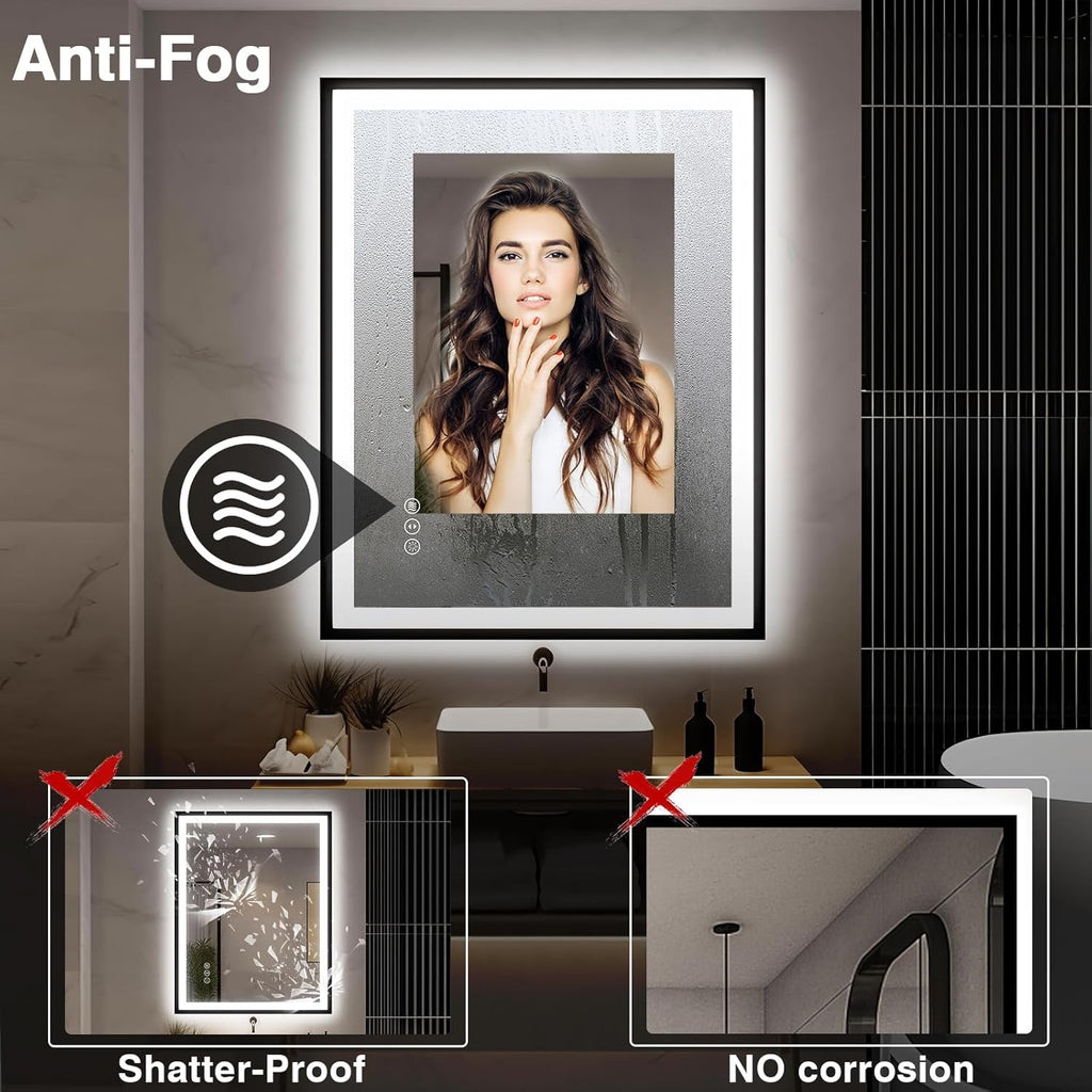 30x36 LED Bathroom Mirror with Lights - Black Framed, Front and Backlit Mirror, Anti-Fog Vanity Mirror with Lights,Stepless Dimmable LED Mirror, 3 Colors Smart(Horizontal/Vertical)