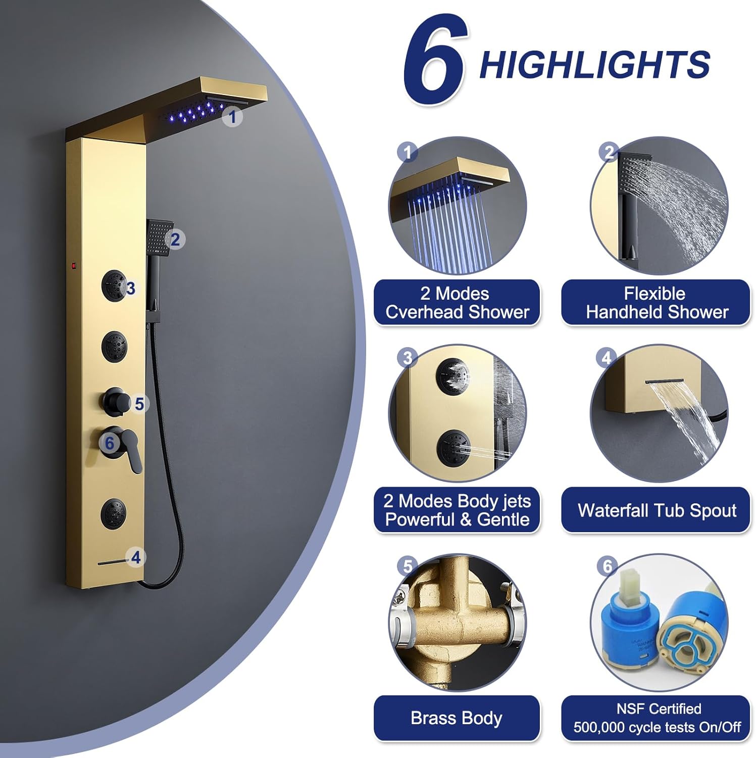 ROVATE Shower Panel Tower System Brushed Gold with LED Rainfall Waterfall Shower, Shower Tower with Jets and Rainfall and Handheld, 5 in 1 Stainless Steel Shower Column High Pressure with Tub Spout