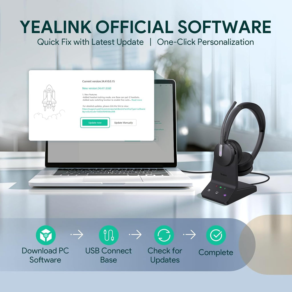 Yealink WH64 DECT & Bluetooth Mono Teams Wireless Headset, 606ft Long Range Work Headphones 3X Noise Cancelling Mic, 26H Calls, Ringtone, Office Single On Ear Headsets (DeskPhone,Laptop,PC,Cellphone)