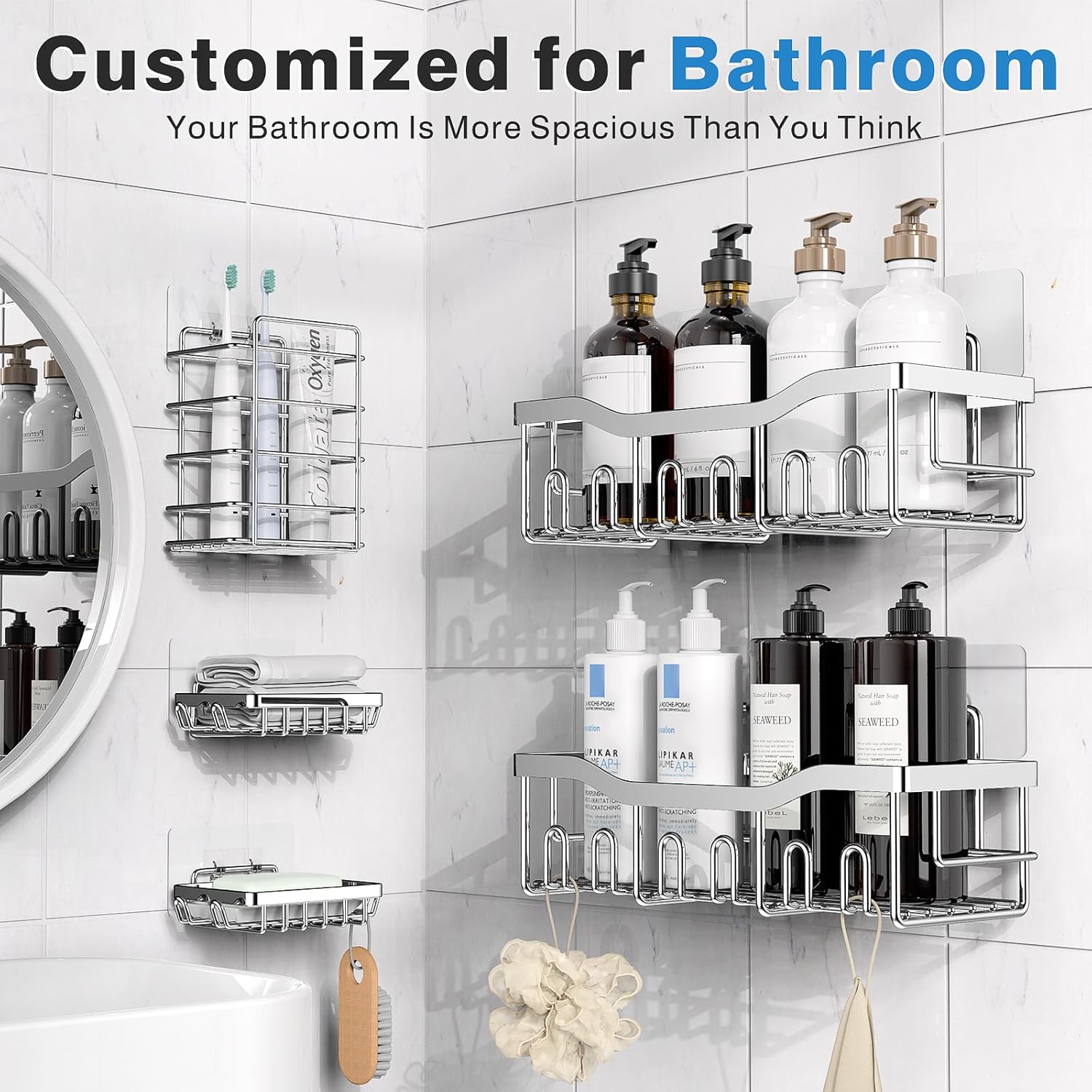 EUDELE 5-Pack Rustproof Stainless Steel Shower Caddy – No Drill Adhesive Bathroom Organizer with Large Capacity, Spacious Shower Shelves for Inside Shower, Kitchen & Home Decor Storage-XL Size