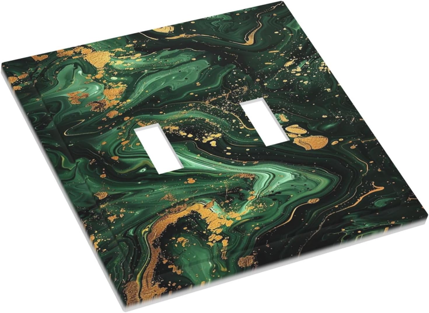 Green/Gold Modern Abstract Luxury Marble 2 Gang Double Toggle Light Switch Cover Decorative Switchplate Electrical Wall Plates Faceplate for Bathroom Bedroom Decor 4.9 X 5 IN