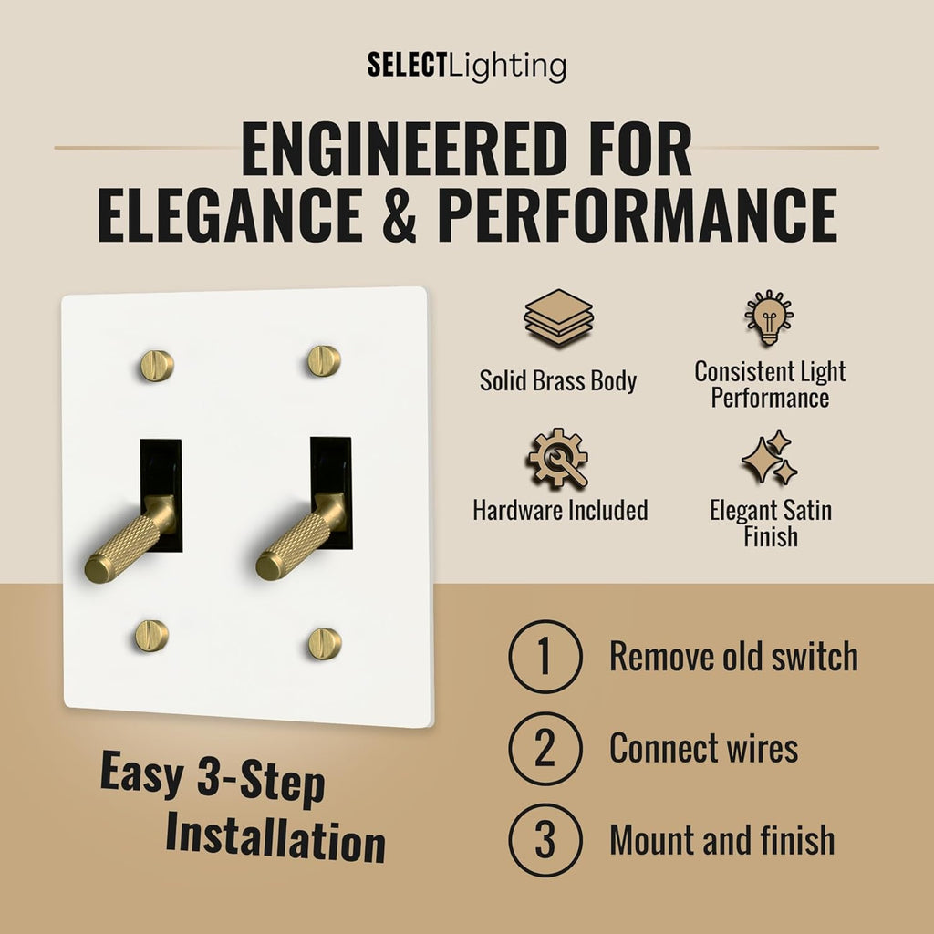 Select 15A 120V AC 2-Gang Toggle Switch, White with Solid Brass Vintage Style Single Pole 3 Way Compatible Wall Mount Toggle Switch, Included Faceplate & Switch Module, UL Listed