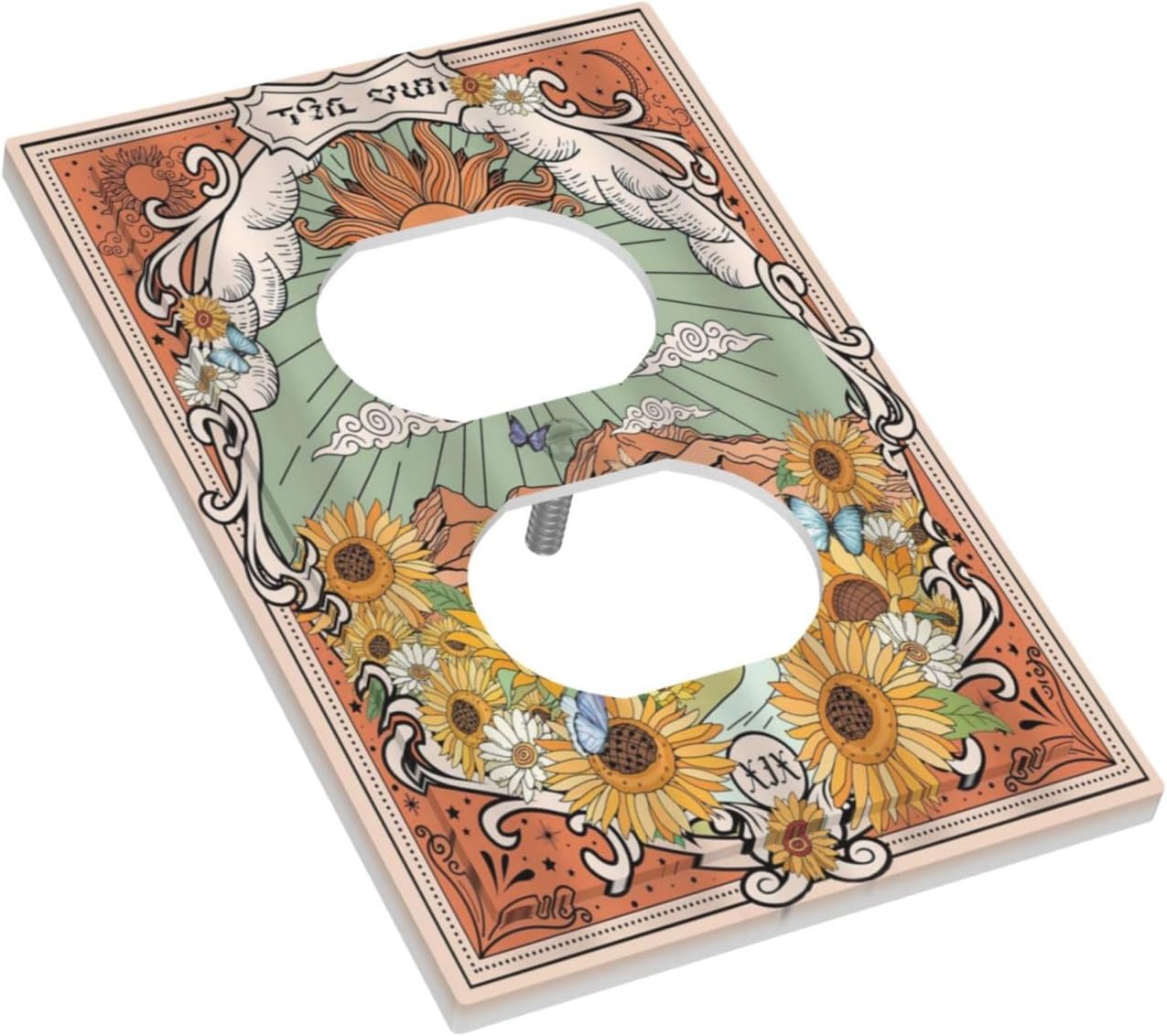Boho Retro Sun Sunflower Vintage Flower Butterfly Outlet Covers 1 Gang Duplex Light Switch Cover Decorative Switch Plates Electrical Receptacle Faceplate Wall Plate for Farmhouse Home Decor