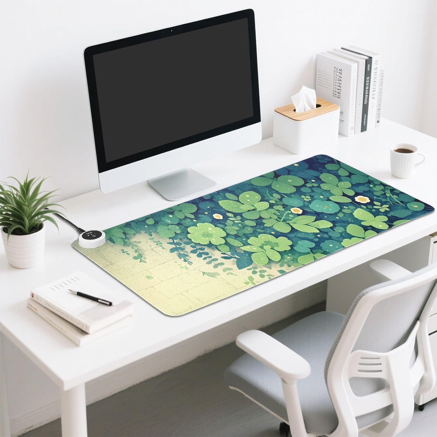 Large Heated Mouse Pad,Leather Desk Mat,31.5"x13",Hand Warmer Pads for Desk,Leaf(Green)