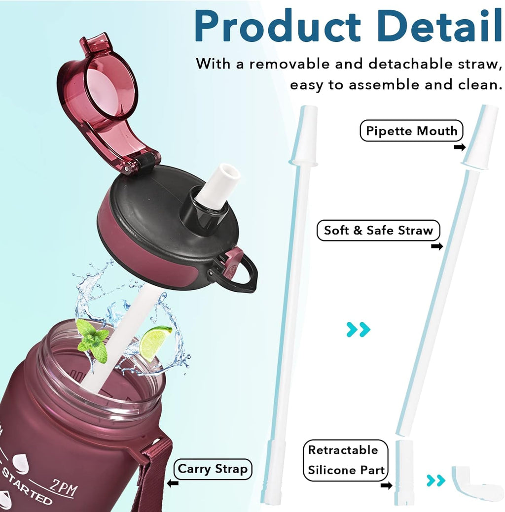 Enerbone Water Bottle, Leakproof BPA & Toxic Free, Motivational Water Bottle with Times to Drink and Straw, Fitness Sports Water Bottle with Strap for Office, Gym, Outdoor Sports