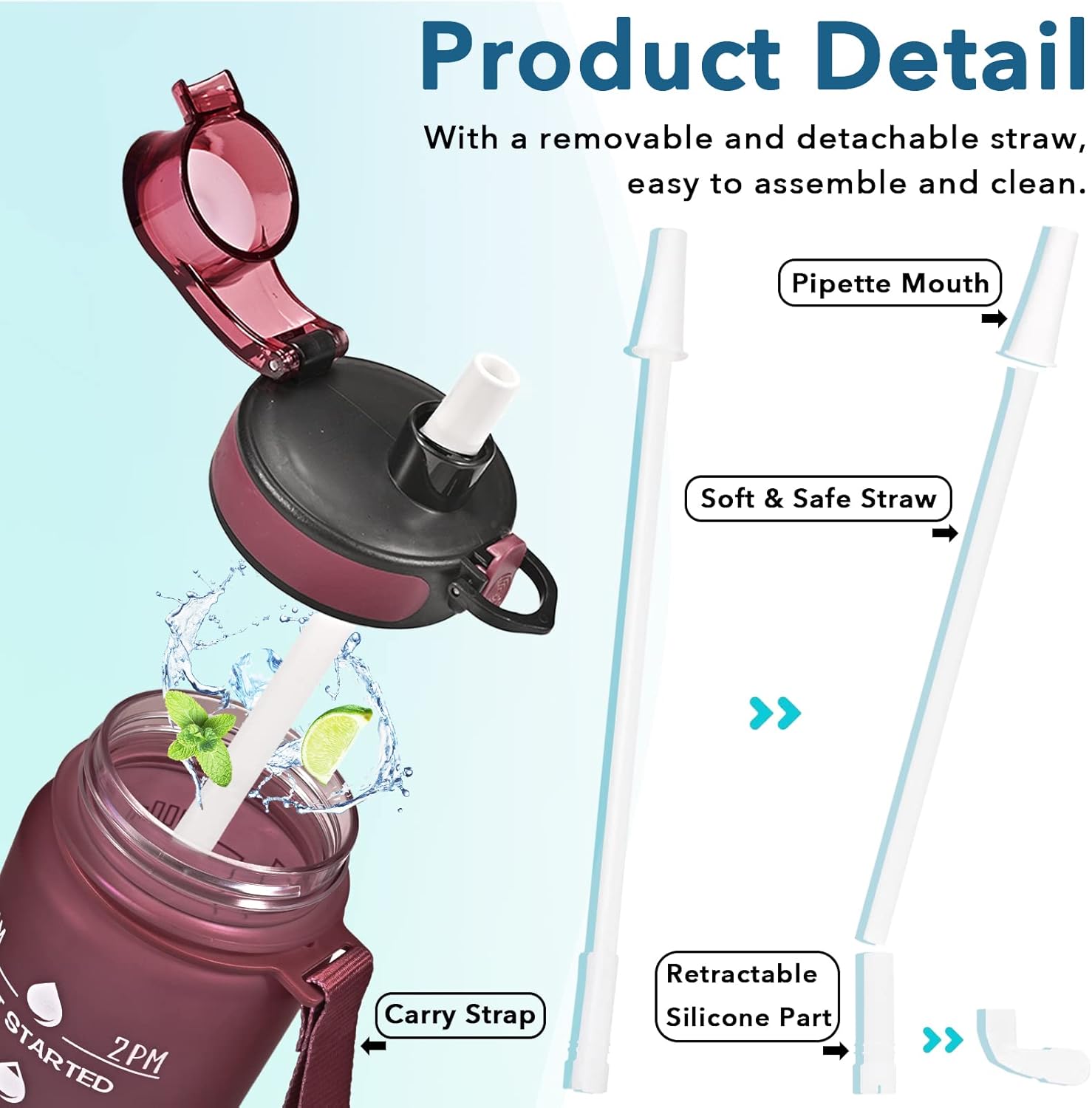Enerbone Water Bottle, Leakproof BPA & Toxic Free, Motivational Water Bottle with Times to Drink and Straw, Fitness Sports Water Bottle with Strap for Office, Gym, Outdoor Sports