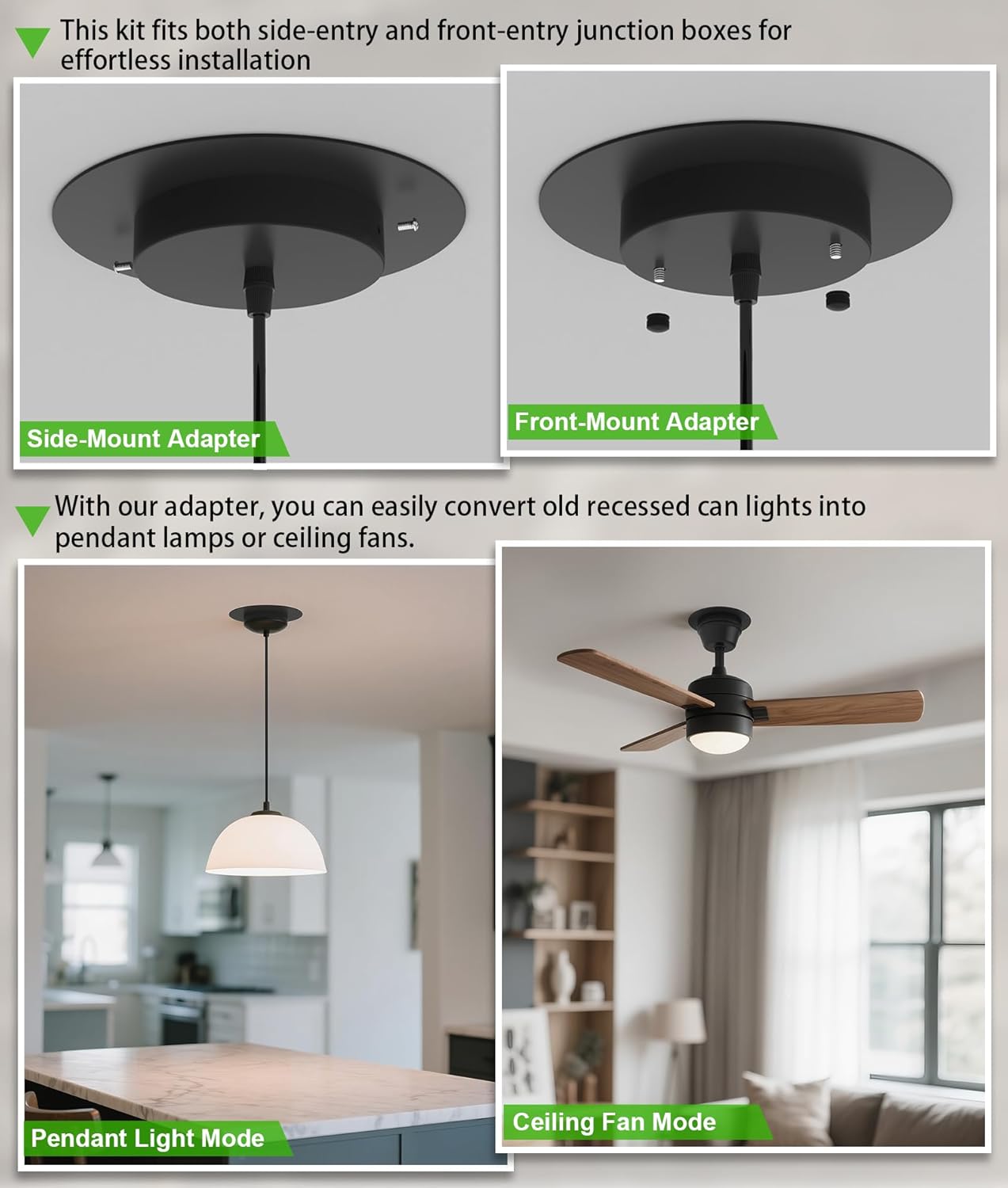 Recessed Can Light Conversion Kit for 5" and 6" Ceiling Fixtures - Pendant/Hanging Light Upgrade, Compatible with Ceiling Fans, Includes 7¾" Flat Steel Medallion, Black Finish