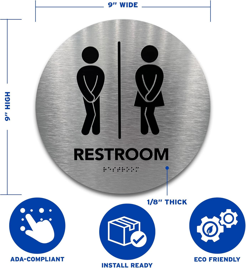 Circle Unisex Boutique Bathroom Sign by GDS - Raised Icons, & Grade 2 Braille - Includes Adhesive Strips for Easy Installation - Bathroom Signs for Business, Restroom Signs for Business, Unisex Bathroom Sign - 9” Diameter (Brushed Aluminum) - Made in USA