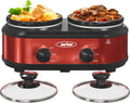 2 * 1.25 Quarts Dual Slow Cooker, Buffet Server & Warmer with 2 Removable Ceramic Pots, 3 Adjustable Temp Settings & 2 Visible Glass Lids, Stainless Steel, Red