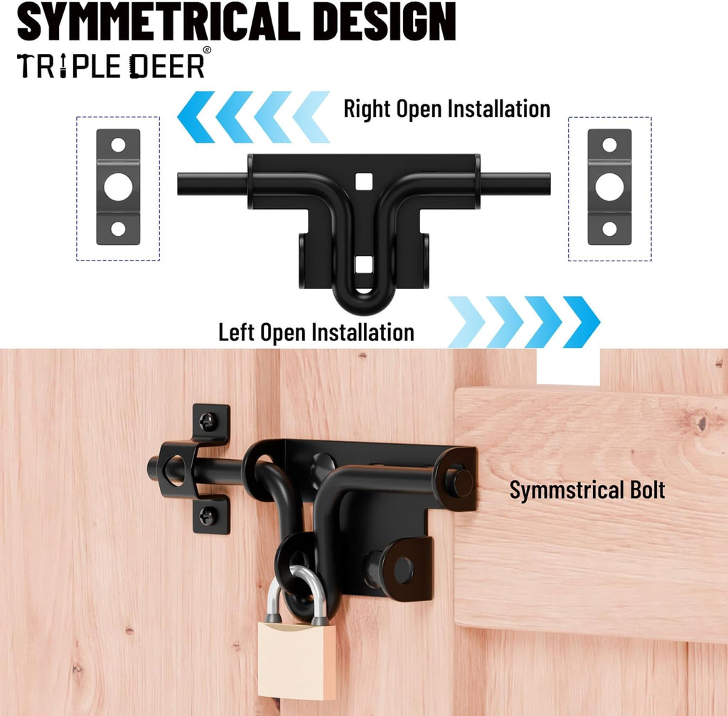 TRIPLE DEER Heavy Duty Sliding Bolt Gate Latch with Padlock Hole & Carriage Bolt, Slide Bolt Hardware for Wooden Fence/Yard Fence/Shed Door/Barn Door, Black, 2 Pack