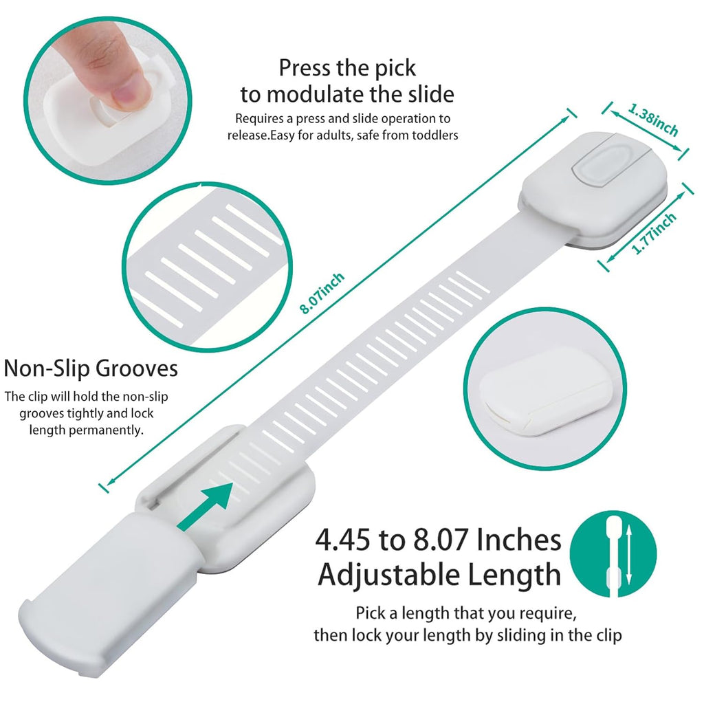 6 Pack Vmaisi Multi-Use Adhesive Straps Locks - Childproofing Baby Proofing Cabinet Latches for Drawers, Fridge, Dishwasher, Toilet Seat, Cupboard, Oven,Trash Can, No Drilling (White) (6)