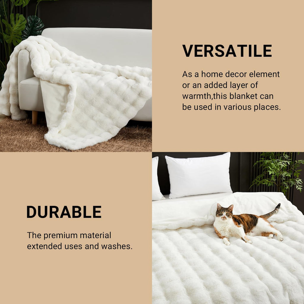 SAPHREAS Faux Fur Throw Blanket for Couch, Fluffy Fuzzy Bubble Blanket for Sofa Bed Living Room, Decor Soft Cozy Gifts for Women Men, 50x60” Cream White