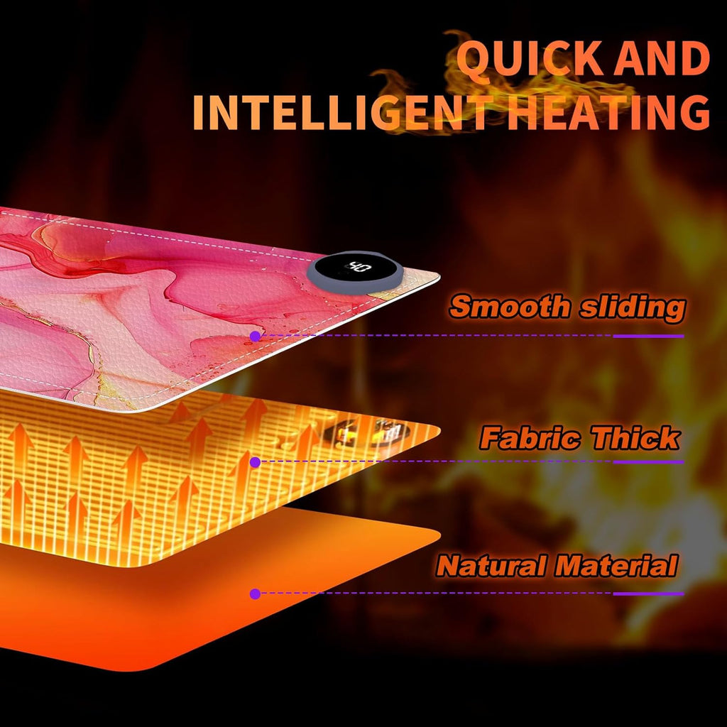 Heated Mouse Pad, Warm Desk Pad, Keyboard Mat 23.6 x 14 Inch Large Size Intelligent Fast Heating, 3 Speed Adjustable, Timed Auto Power Off for Game Office Home, Pink Marble