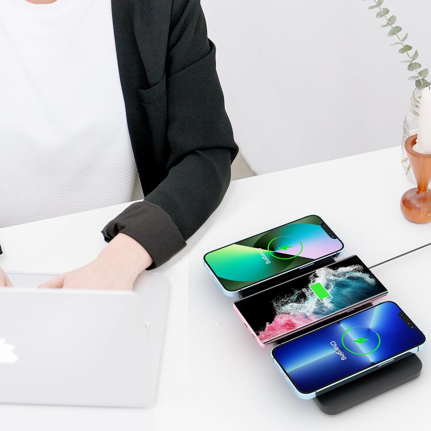 Triple Wireless Charger Pad - 15W Fast Charging Station for Apple iPhone 16/15/14/13/12 Pro/Max/Plus, AirPods, Qi-Certified 3-in-1 Charging Mat for Multiple Devices One-Step Wireless Charging Solution