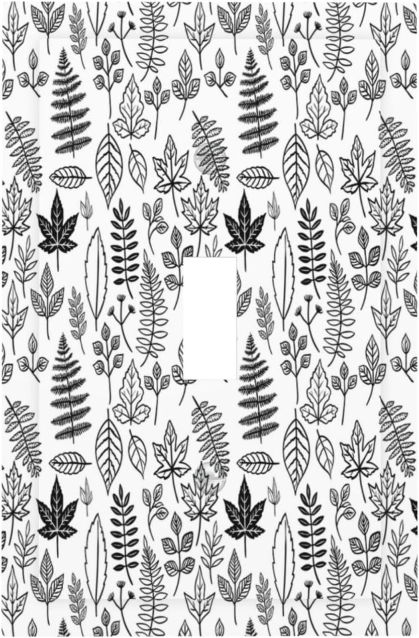 Black White Leaf Wheat Maple Leaf Plant Decorative Light Switch Cover 1 Gang Single Toggle Decorator Outlet Wall Plate Device Electrical Faceplate Switchplates for Bedroom Bathroom Decor