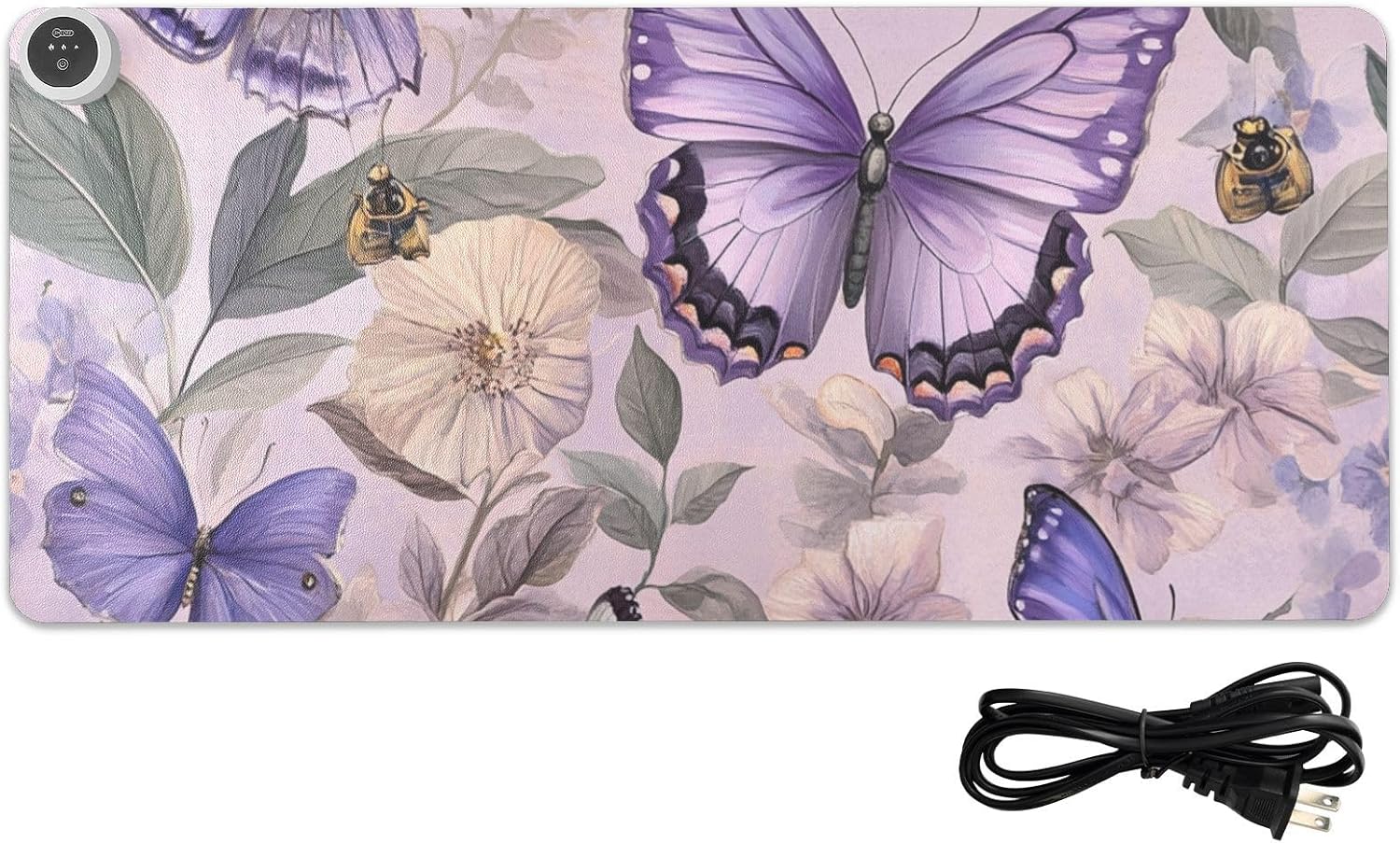 Heated Desk Pad Mouse Pad 31.5x13 Inch PU Leather Desk Mat with 3 Heat Levels Large Mouse Gaming Computer Laptop Mat Floral Purple Butterflies Bees