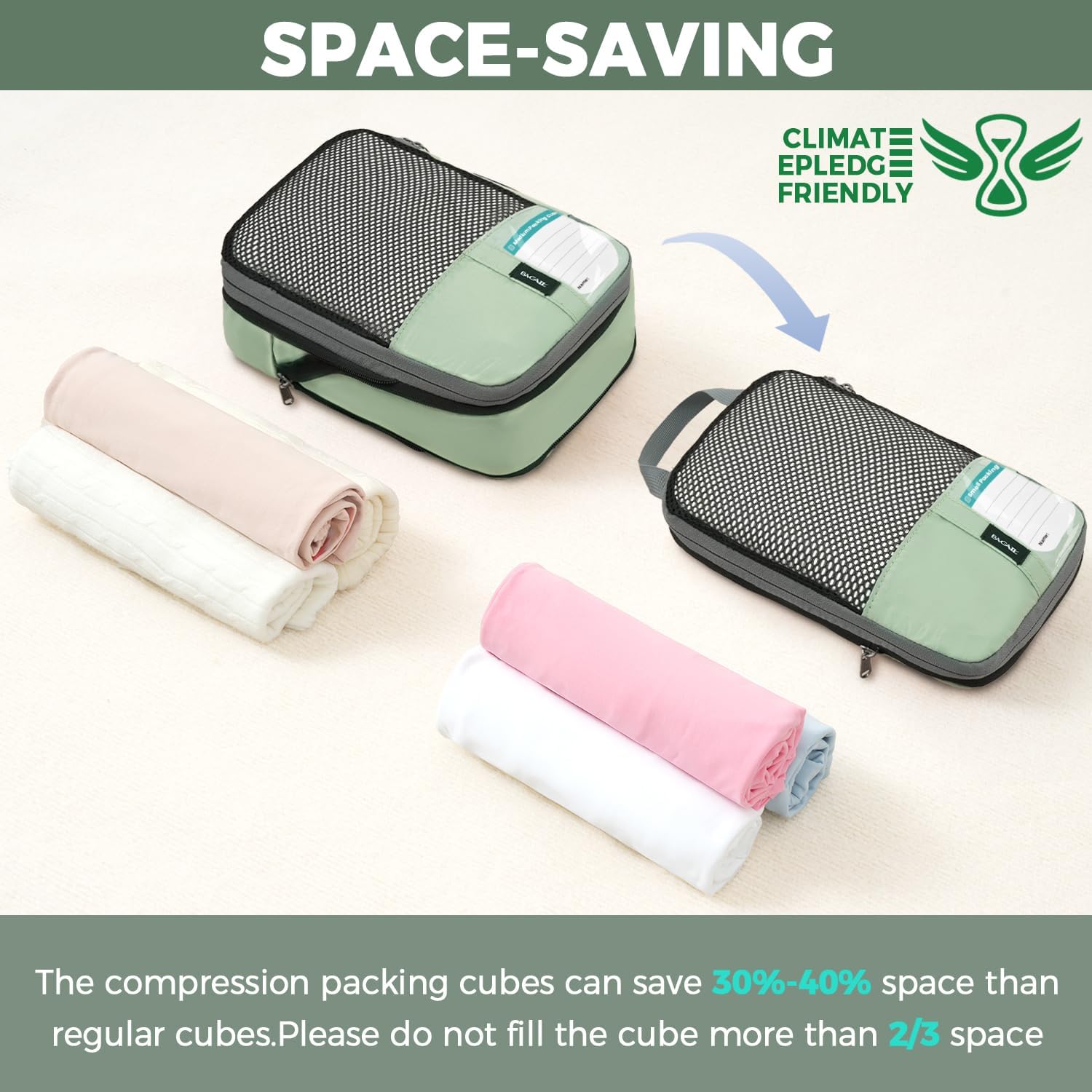 BAGAIL 4 Set/6 Set/8 Set Compression Packing Cubes Travel Accessories Expandable Packing Organizers(HalfMesh, 8-MatchaGreen)