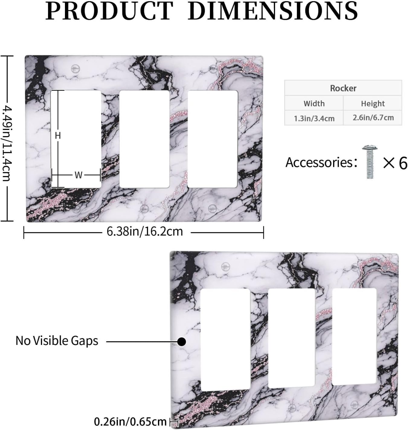 Light Switch Covers White Marble Pattern Black Lines Pink Lines 3 Gang Rocker Electrical GFCI Decorative Triple Outlet Wall Plate Cover Switchplate for living Room Office Decor
