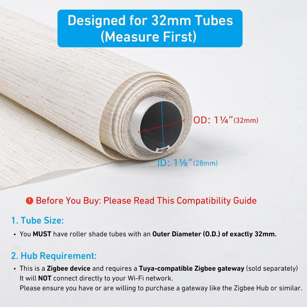 AM22 Zigbee Smart Roller Shade Motor for 32mm Tubes - Rechargeable Battery, Compatible with Alexa & Google Home via Tuya Zigbee Gateway, Voice & App Control