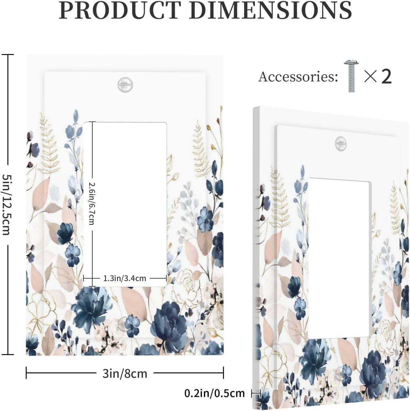 Blue Flora Boho Vintage Flower Golden Leaves Decorative Outlet Covers 1 Gang Single Rocker Light Switch Cover Plate Wall Plates GFCI Faceplate for Bedroom Living Room Decor