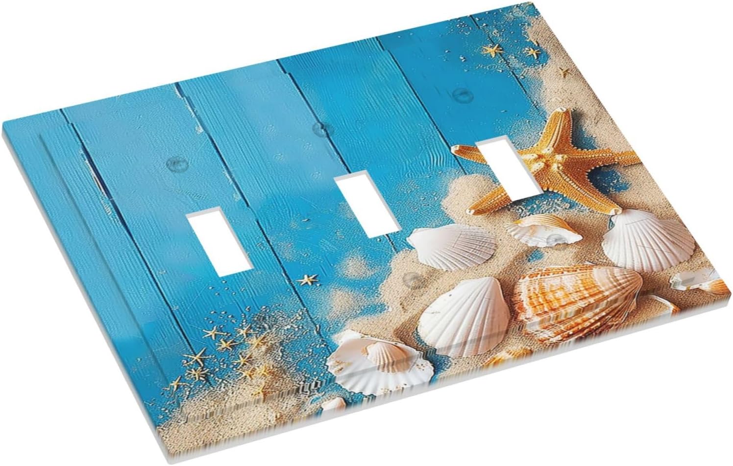 Decorative Switch Plates Blue Wood Grain Beach Shell Starfish 3 Gang Wall Plate Triple Toggle Light Switch Cover Faceplate Electrical Wall Panels for Bathroom Farmhouse Decor