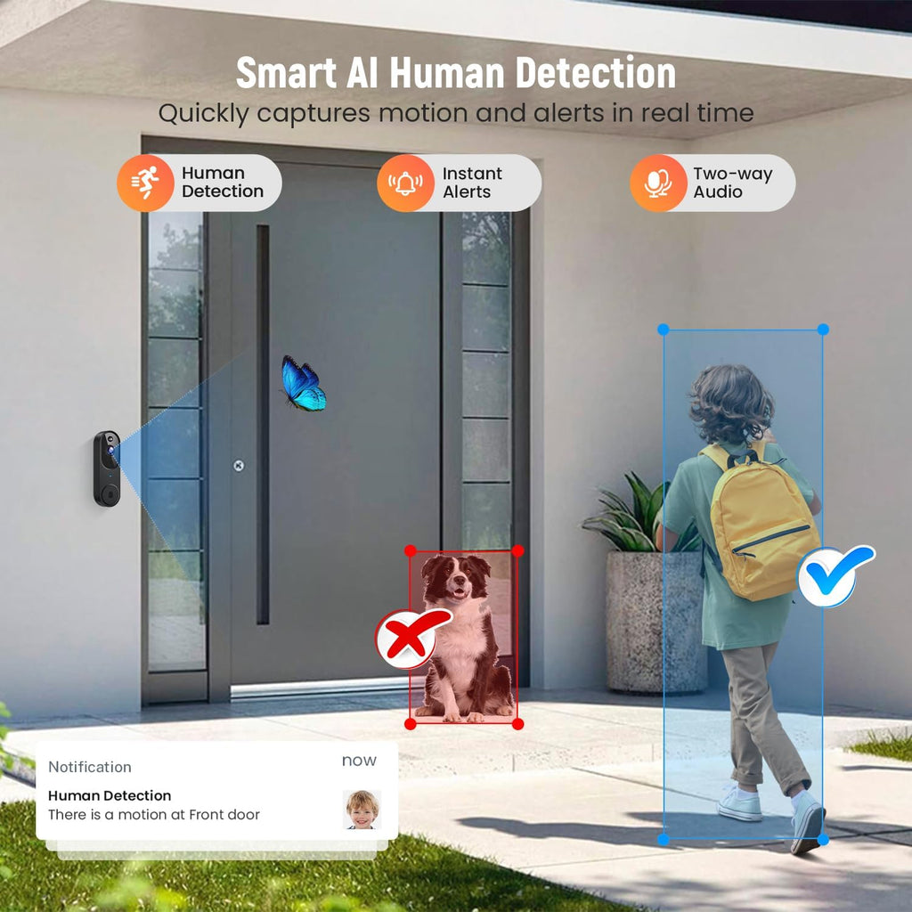 Smart Video Doorbell Camera Wireless, AI Human Detection and Instant Alerts, Night Vision, 2-Way Audio, Battery Powered, Cloud Storage Sold Seperately, 2.4G WiFi (Chime Included)
