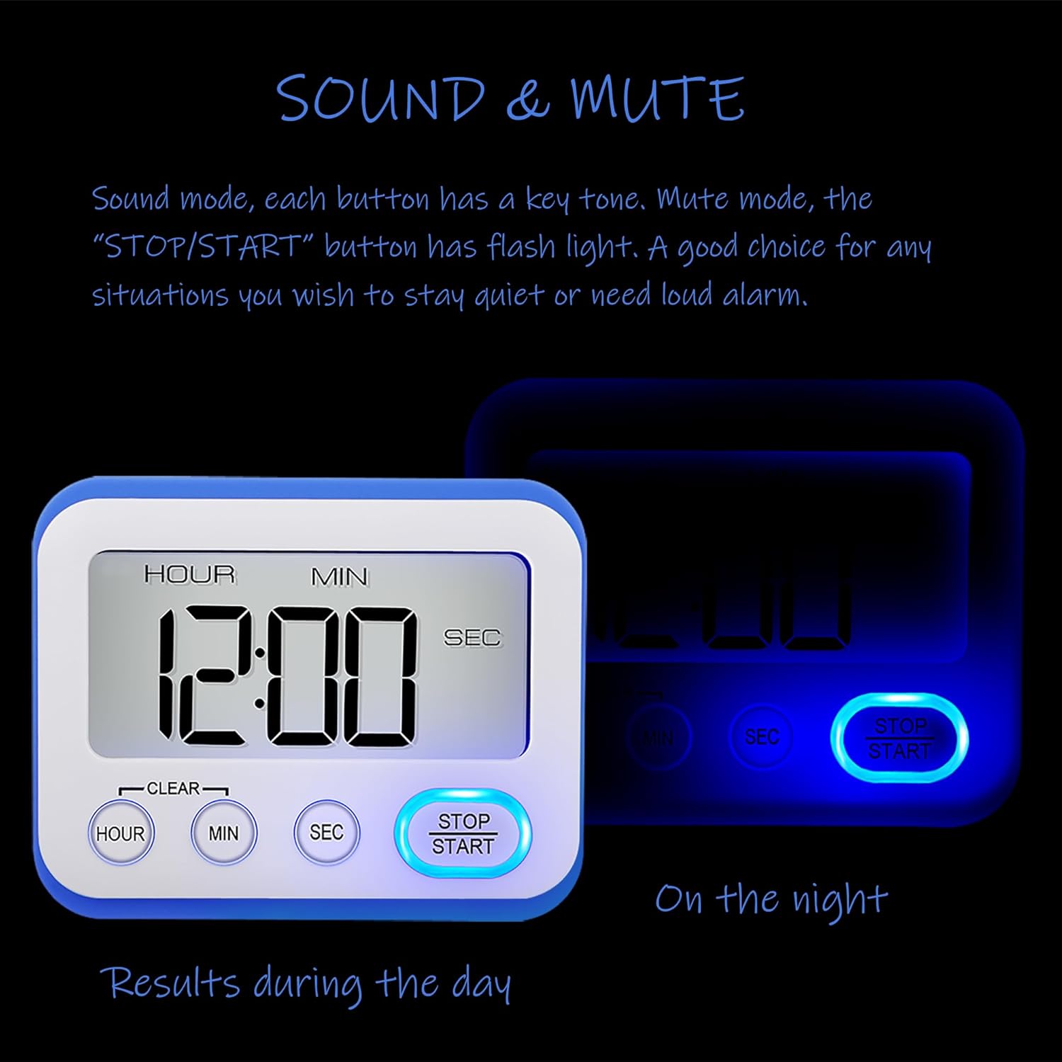 Digital Kitchen Timer Magnetic Loud Alarm, Large LCD Screen Silent/Beeping Multi-Function for Teachers Classroom Kids, Blue