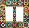 Mexican Talavera Ceramic Tile Moroccan Boho Decorative Outlet Covers 2 Gang Double GFCI Rocker Electrical Wall Panels Light Switch Cover Plate for Bathroom Kitchen Decor