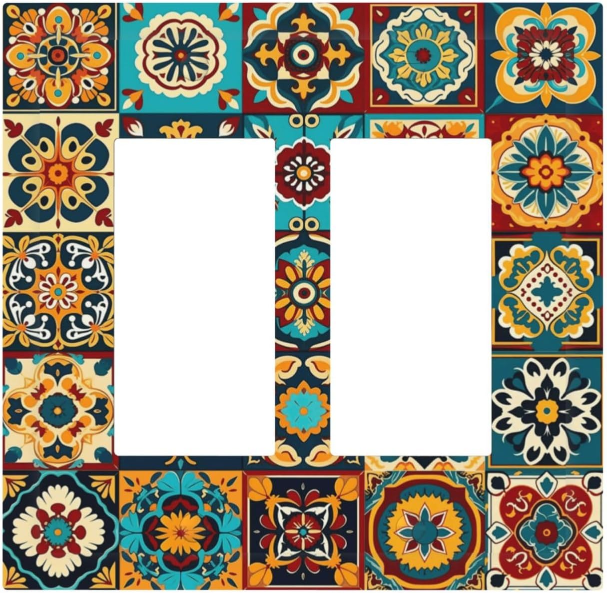 Mexican Talavera Ceramic Tile Moroccan Boho Decorative Outlet Covers 2 Gang Double GFCI Rocker Electrical Wall Panels Light Switch Cover Plate for Bathroom Kitchen Decor