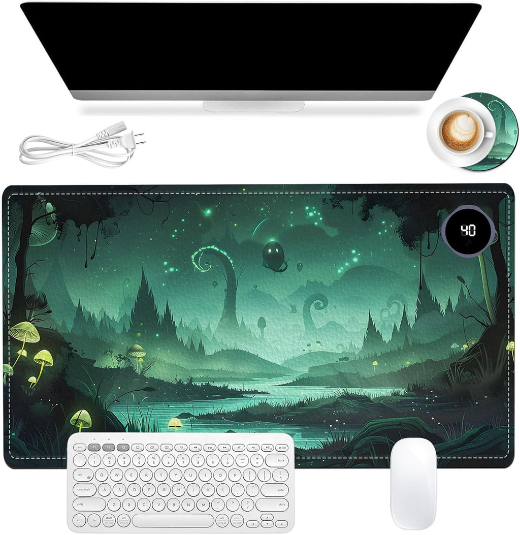 Heated Mouse Pad, Warm Desk Pad, Keyboard Mat 23.6 x 14 Inch Large Size Intelligent Fast Heating, 3 Speed Adjustable, Timed Auto Power Off for Game Office Home, Dark Fantasy Forest