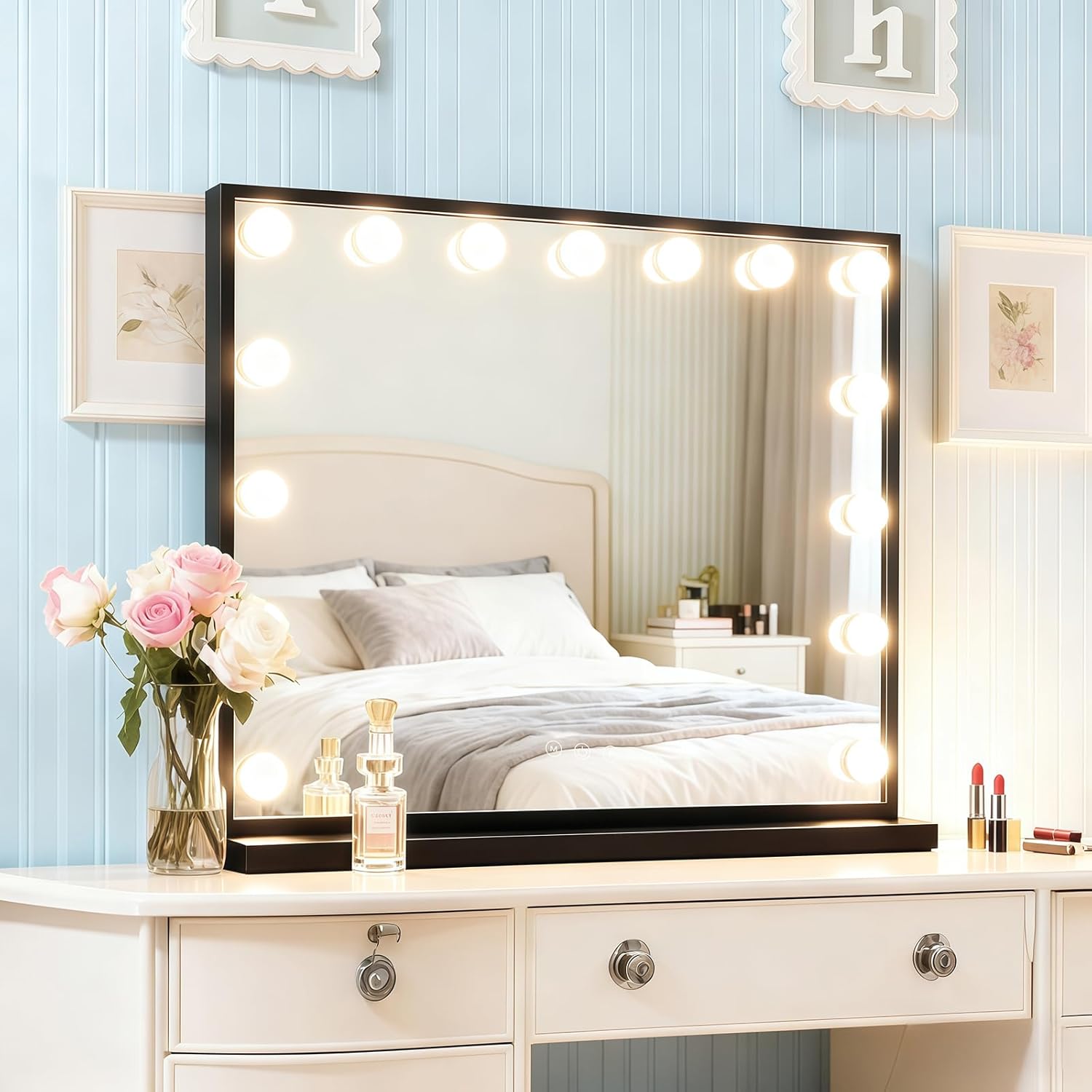 Lighted Vanity Mirror, Hollywood Style, 14.5 Inch LED Makeup Mirror, White/Black, Metal Frame, 10x Magnification, 3 Dimming Modes, Smart Touch Control (Black)