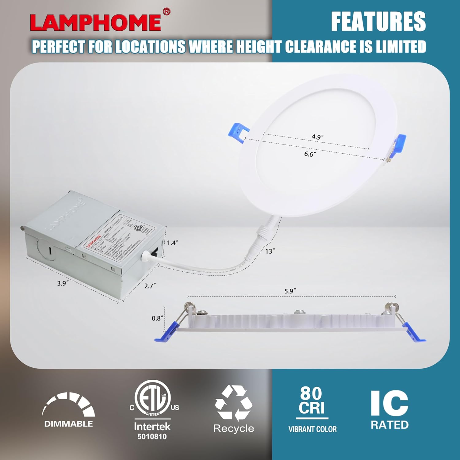 LAMPHOME 1-Pack of 6-Inch Slim LED Recessed Lights with Junction Box, Adjustable Color Temperatures (2700K-5000K), 12W Equivalent to 110W, Dimmable, 1050LM Brightness - ETL and Energy Star Certified
