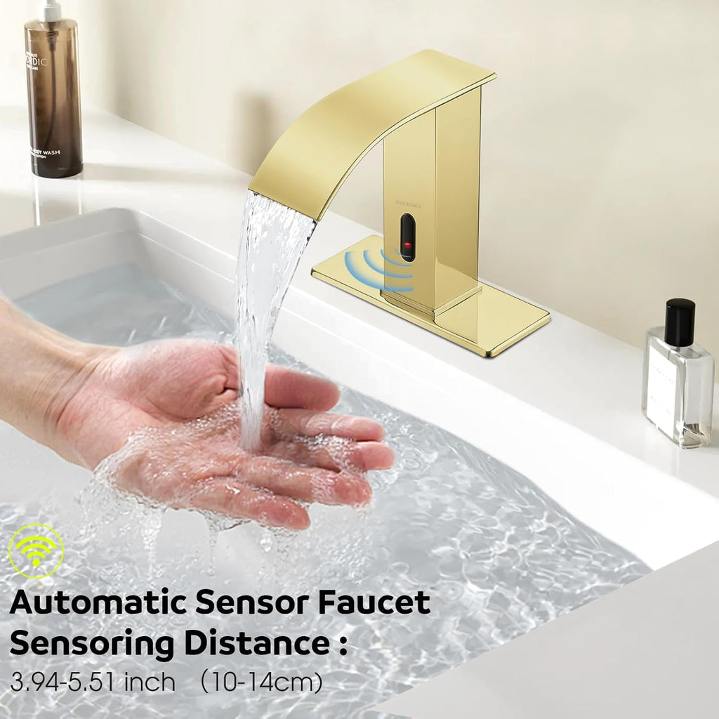 Touchless Bathroom Faucet with Waterfall Spout,Motion Automatic Sensor Bathroom Sink Faucet with Hole Cover Plate, Stainless Steel Hands Free Vanity Faucet(Regular, Gold)