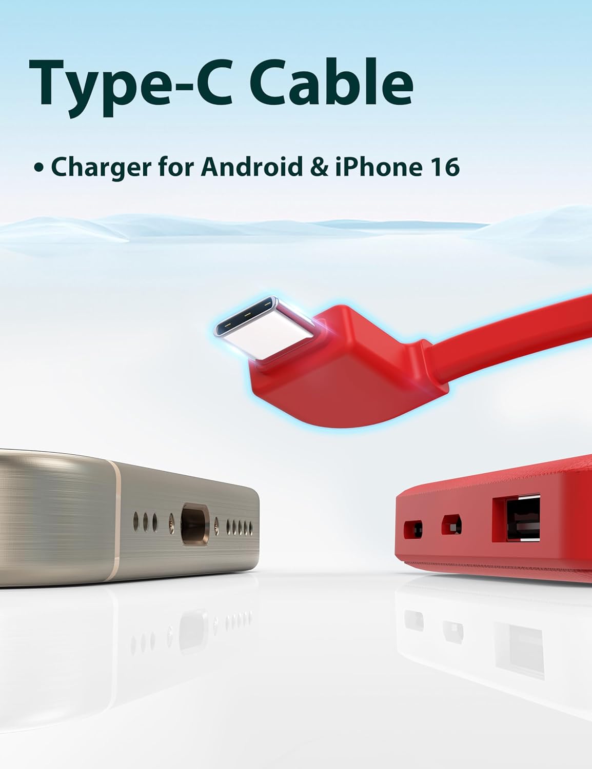 miisso 6000mah Ultra Slim Built in Cables Power Bank, Card Size Built in USB C Cords Battery Pack Portable Charger for Phones, 3 Output External Battery Pack Compatible with iPhone, Red