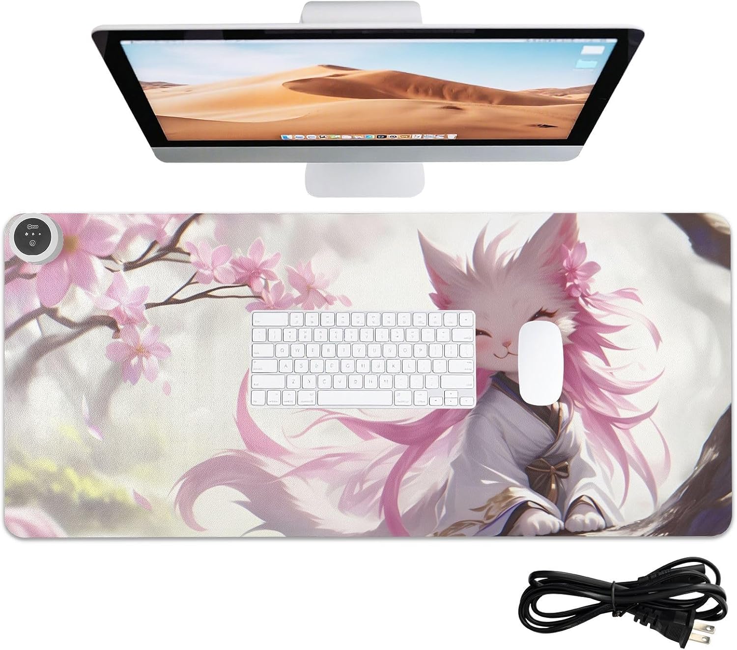 Large Heated Mouse Pad,Leather Desk Mat,31.5"x13",Hand Warmer Pads for Desk,Kitty(White Pink)