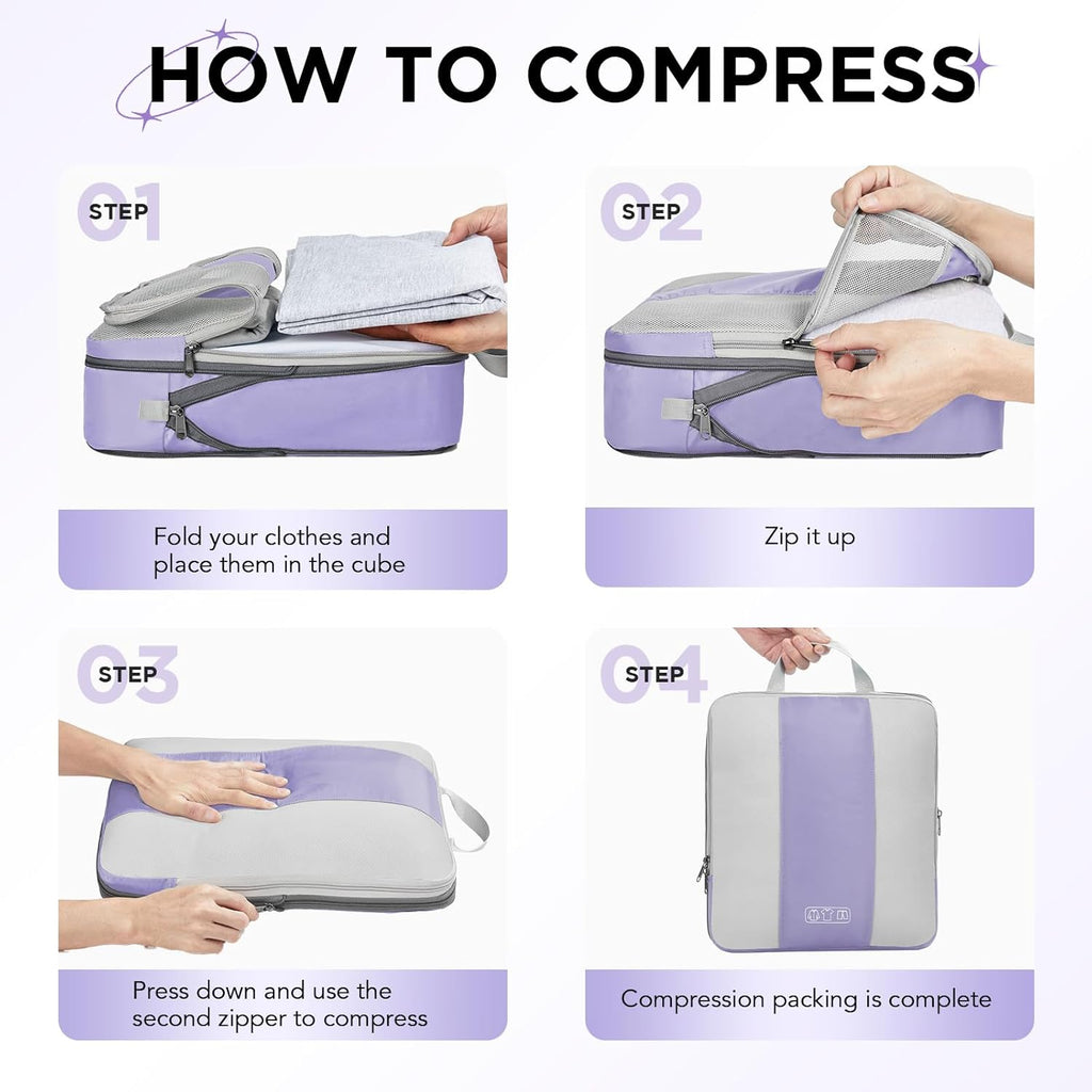 8 Set Compression Packing Cubes for Travel Essentials,Compressible Expandable Packing Cubes for Suitcase,OlarHike Luggage Organizer Bags for Travel,Handy Helper for Organizing Clothes(Purple Gray)