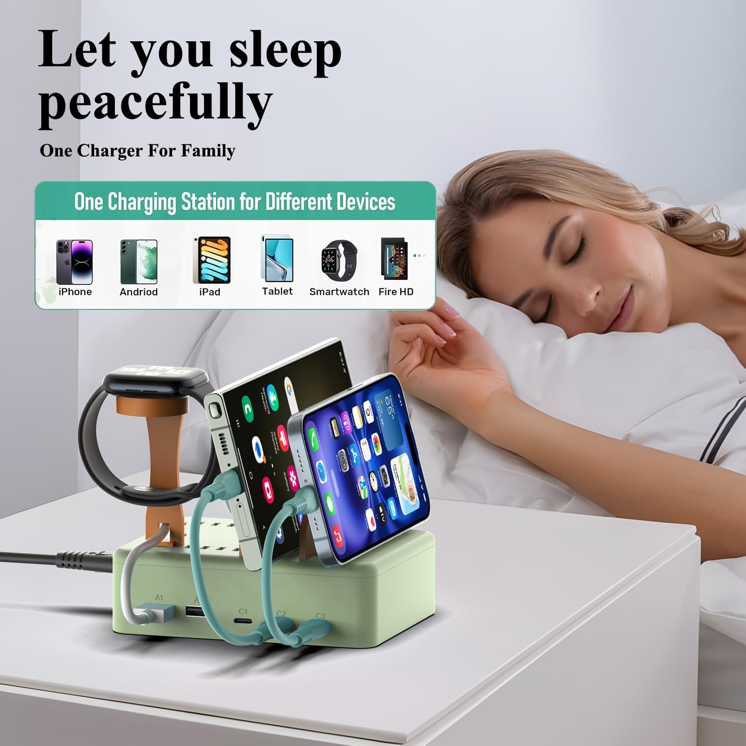 KFD Charging Station for Multiple Devices, 70W 5-Port USB C Fast Charger Stations for iPhone iPad Android Cell Phone Kindle Tablet, Multi-Device Organizer Docking Station, Multi Charger Organizer