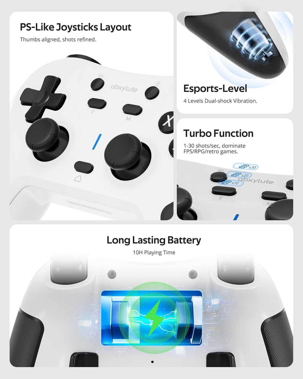 abxylute C5P Wireless Gaming Controller for PC/Switch/iOS/Android/PS3/PS4/Steam/MAC, 2.4 GHz Hall Effect Stick & Trigger Turbo-Remappable Back Buttons Rubberized Grip Console Layout Gamepad Vibration