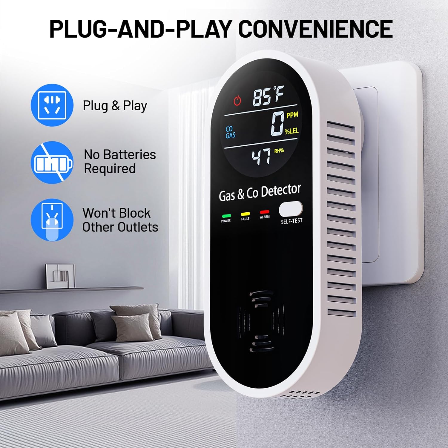 2 Pack Carbon Monoxide Detectors, 4-in-1 Combustible Gas & CO Detector Plug in with Temperature & Humidity Display for Home, RV & Travel