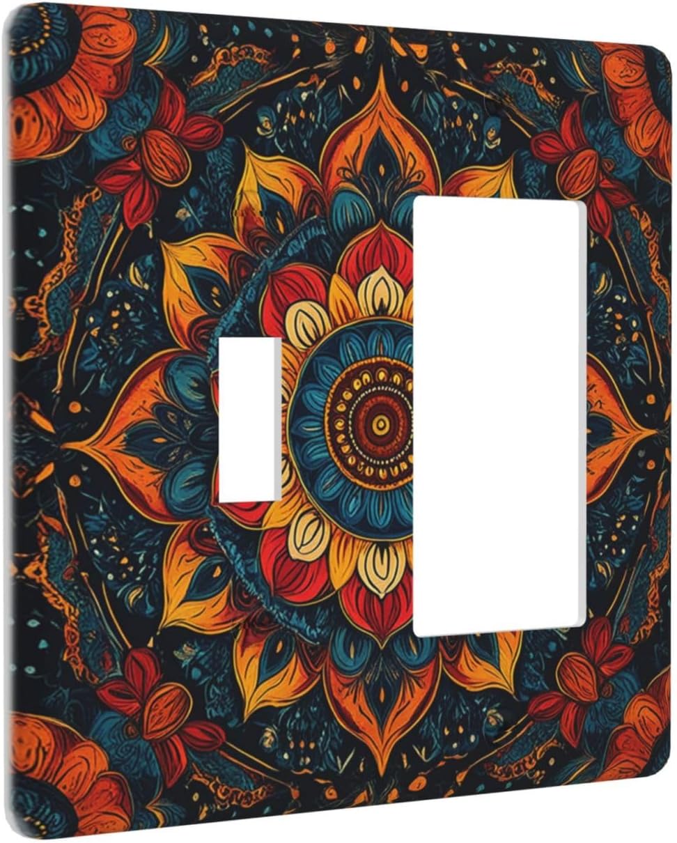 Boho Colorful Mandala 2 Gang Combo 1 Toggle 1 Rcoker Light Switch Covers Decorative Switch Plates Electrical Switch Plates and Outlet Covers for Home Art Decor 4.5 X 4.5 IN