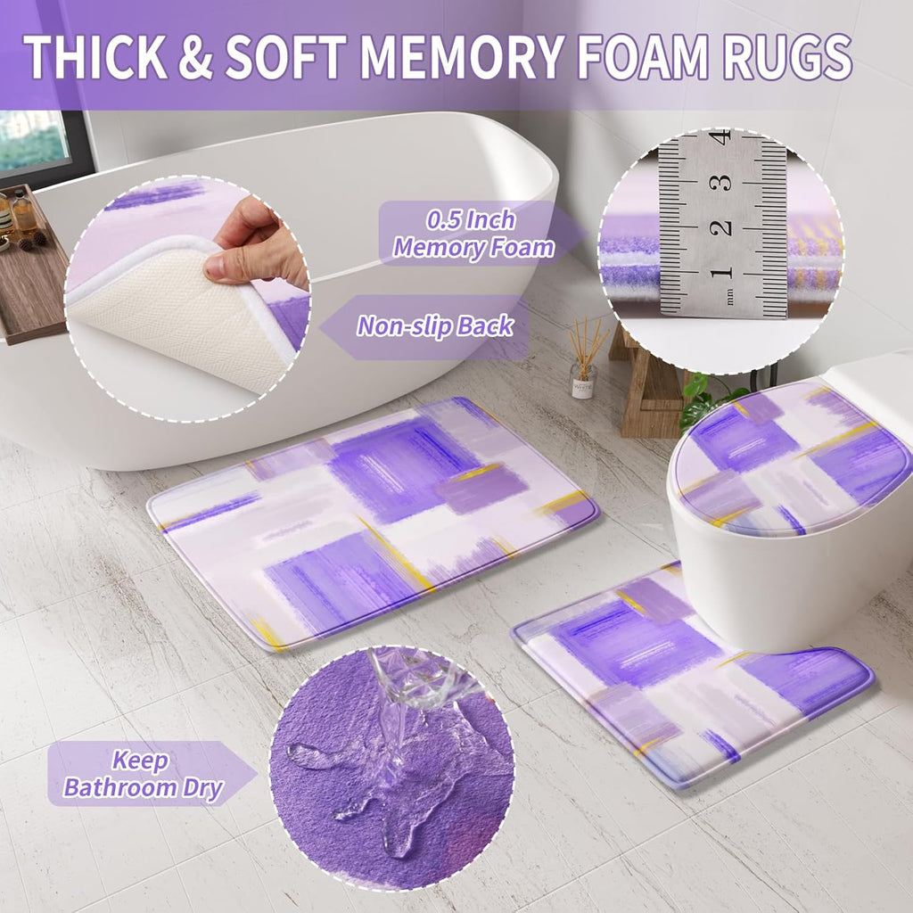 Bathroom Accessories Set - 25PC Bathroom Set with Shower Curtain and Rugs, Purple Bathroom Set, Bathroom Accessory Set with Press-on Lid Trash Can, Soap Dispenser and Qtip Holders