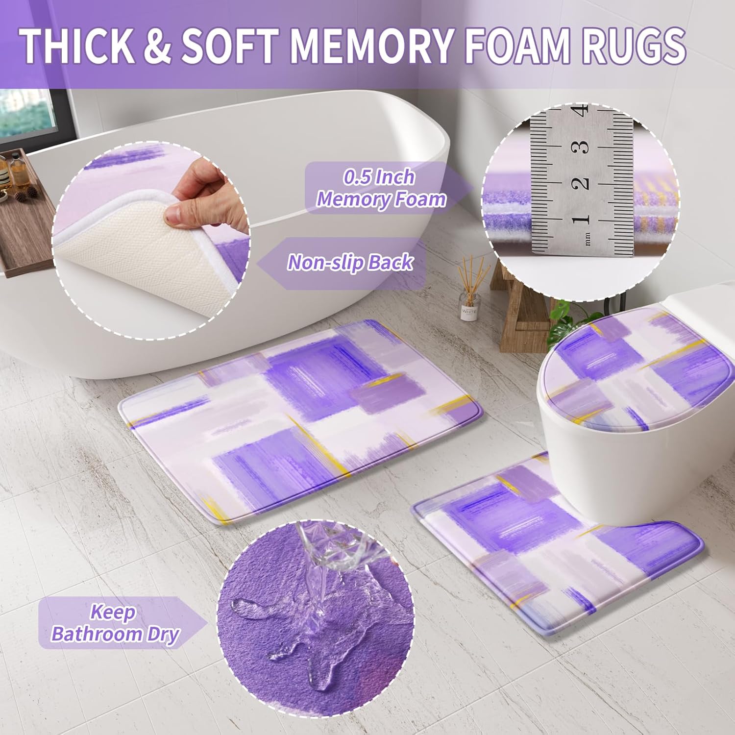 Bathroom Accessories Set - 25PC Bathroom Set with Shower Curtain and Rugs, Purple Bathroom Set, Bathroom Accessory Set with Press-on Lid Trash Can, Soap Dispenser and Qtip Holders